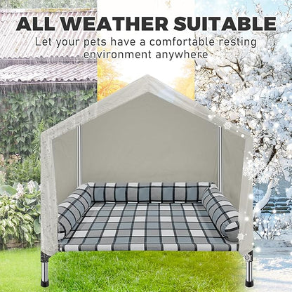 Elevated Dog Pet Bed House - Weatherproof 2-in-1 Indoor Outdoor Pet Cot with Canopy Cooling Portable Raised Dog Bed with Pillow for Camping Beach (DMHK-22)