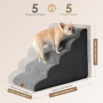 EHEYCIGA Curved Dog Stairs Ramp for High Beds, 5-Step Extra Wide Dog Steps for Small Dogs and Cats, Pet Stairs for High Bed Climbing, Non-Slip Balanced Pet Step Indoor, Grey