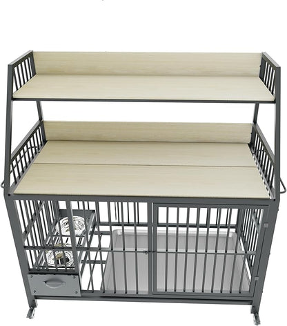 KEIKI 47 Inch Dog Crate Furniture for Large Medium Dogs, with Storage Shelves and Bowls, Indoor Dog Cage with 360° Caster Wheels & Flip-top Plate, Beige