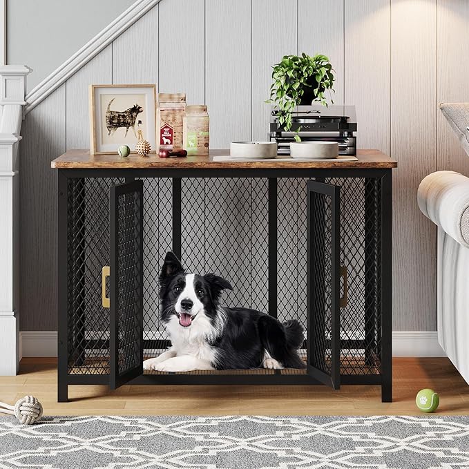 48 Inch Large Dog Crate Furniture with Top Access Door, Heavy Duty Dog Crate Wooden Indoor Decorate Pet Cage, Indestructible Pet Dog Cage for Medium to Large Dogs