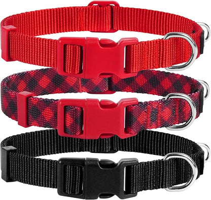 azuza 3 Pack Christmas Nylon Dog Collars Buffalo Check Durable and Comfortable Dog Collars with ID Tag Ring Adjustable for Small Dogs, S (11-16inch)