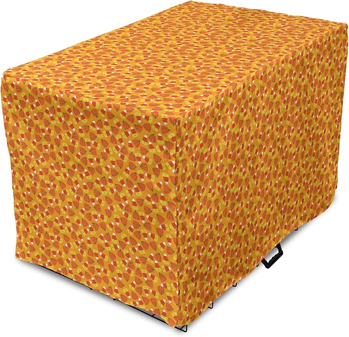 Lunarable Candy Corn Dog Crate Cover, Halloween Themed Pattern with Pumpkins and Food Repetition, Easy to Use Pet Kennel Cover for Cats & Medium Dogs, 30 Inch, Orange Vermilion