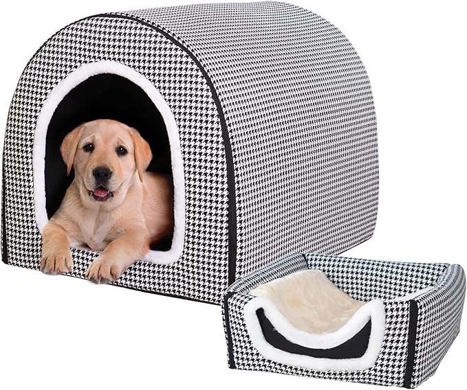Dog Bed,2 Ways to Use,Indoor Pet House with Fluffy Mat,Removable and Washable Cover,Non-Slip Bottom,for Extra Large Dogs(3XL Black Cranes)