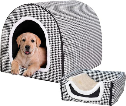 Dog Bed,2 Ways to Use,Indoor Pet House with Fluffy Mat,Removable and Washable Cover,Non-Slip Bottom,for Extra Large Dogs(3XL Black Cranes)