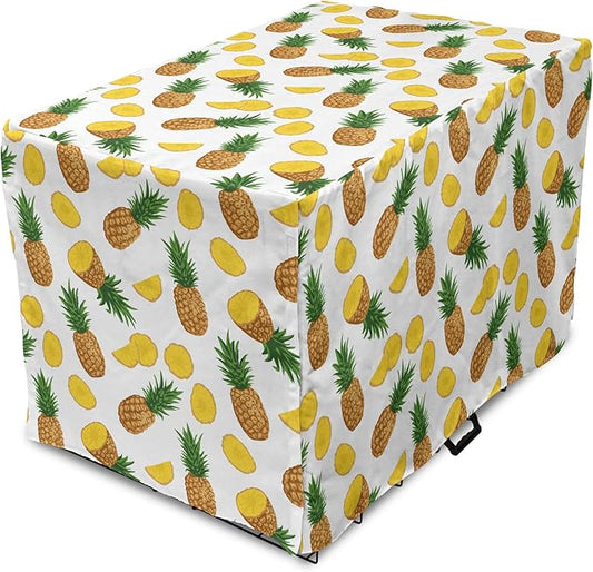 Lunarable Pineapple Dog Crate Cover, Sliced in Half Ananas Exotic Fruit Rhythmic Retro Look Print, Easy to Use Pet Kennel Cover for Cats & Medium Dogs, 24 Inch, Mustard Fern Green