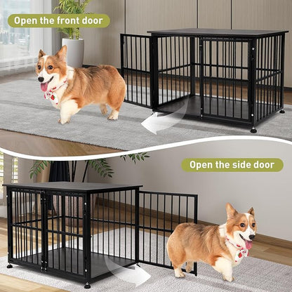 32 Inch Dog Crate Furniture, Heavy Duty Dog Kennel with Side Door, Decorative Pet House End Table, Wooden Cage Kennel Furniture Indoor, Grey