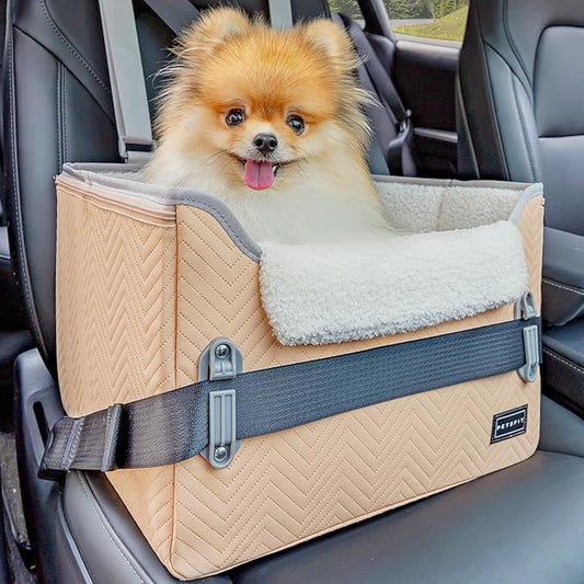 PETSFIT Cat Car Seat, Waterproof PU Leather Dog Booster Car Seat with Patented Safe Buckles, Clip-On Leash, Pet Travel Carrier Bed for Small Pets Up to 25lbs (Orange)