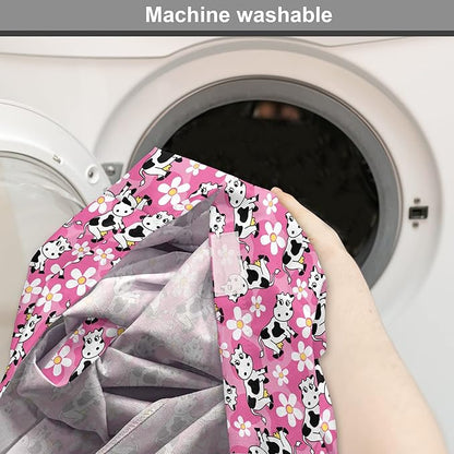 Lunarable Cow Dog Crate Cover, Cartoon Pattern Domestic Farm Animal and Daisy Flowers, Easy to Use Pet Kennel Cover for Medium Large Dogs, 42 Inch, Pink Charcoal Grey