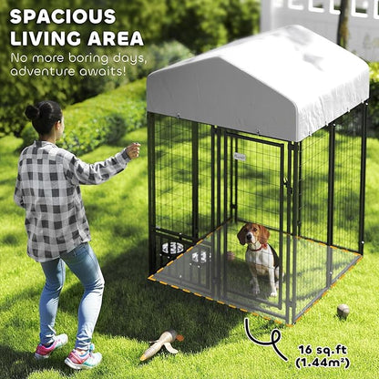 PawHut 3.9' x 3.9' x 6' Outdoor Dog Kennel, Welded Wire Heavy Duty Dog Run with 360° Rotating & 4 Level Adjustable Bowls, Dog Kennel Outside with Waterproof & UV Resistant Cover, for S&M Dogs