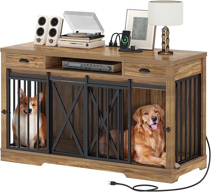 DWVO 63 Inch Double Dog Crate Furniture for 2 Dogs, Heavy Duty Wooden Dog Crate TV Stand with Charging Station, Dog Kennel Indoor Furniture Double Sliding Barn Door Design Ideal for 2 Dogs, Oak