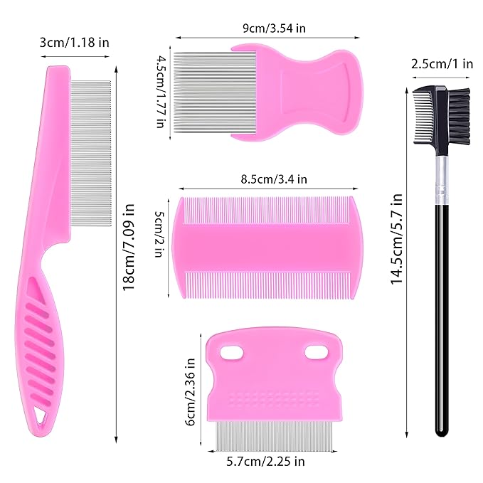 5 Pack Flea Lice Comb,Stainless Steel Dog Cat Grooming Combs With Rounded Teeth,Double-Sided Tear Stain Remover,Dematting Comb For Dogs Cats Ideal For All Types Of Small, Medium, Large Pets (Pink)