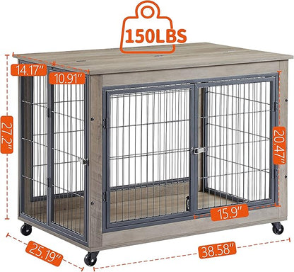 NicBex Dog Crate Furniture Dog Cage with Doors and Lift Top, Dog Kennels for Inside Space, Wooden Dog Crate on Wheels with Durable Frame for Multiple Dogs, Grey