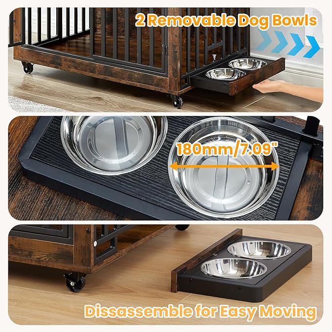 Rovibek Dog Crate Furniture for Large Dogs, 38.58 Inch, Large Dog Kennel Indoor with 2 Removable Dog Bowls, Flip-Up Top Opening and Wheels, Medium Dog Crate, Brown