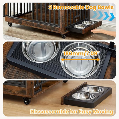 Rovibek Dog Crate Furniture for Large Dogs, 38.58 Inch, Large Dog Kennel Indoor with 2 Removable Dog Bowls, Flip-Up Top Opening and Wheels, Medium Dog Crate, Brown