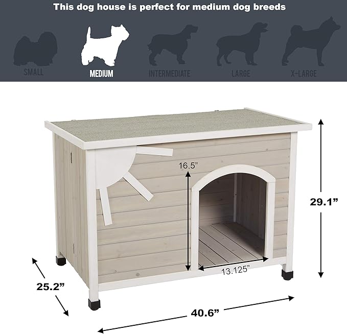 MidWest Homes for Pets Eilio Folding Outdoor Wood Dog House, No Tools Required for Assembly | Dog House Ideal for Medium Dog Breeds, Beige (12EWDH-M)