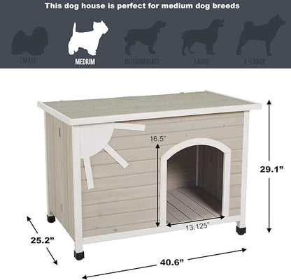 MidWest Homes for Pets Eilio Folding Outdoor Wood Dog House, No Tools Required for Assembly | Dog House Ideal for Medium Dog Breeds, Beige (12EWDH-M)