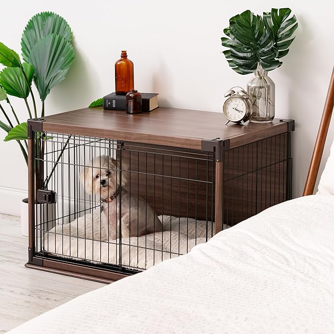 IRIS USA Modern Wooden Dog Crate – Stylish Furniture-Style Indoor Kennel & End Table for Small to Medium Dogs, Secure Enclosed Pet Cage with Sliding Door, Dark Brown