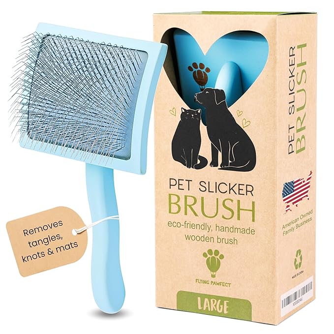 Pet Slicker Brush With Soft Massage Grooming Stainless Steel Pins - For Dematting, Shedding Fur, and Undercoat - Ideal Gift for Professional Pet Groomers - Long Slicker Brush - Flying Pawfect