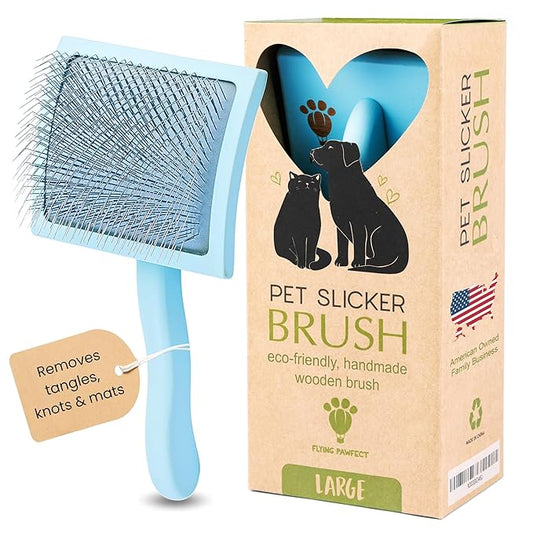 Pet Slicker Brush With Soft Massage Grooming Stainless Steel Pins - For Dematting, Shedding Fur, and Undercoat - Ideal Gift for Professional Pet Groomers - Long Slicker Brush - Flying Pawfect