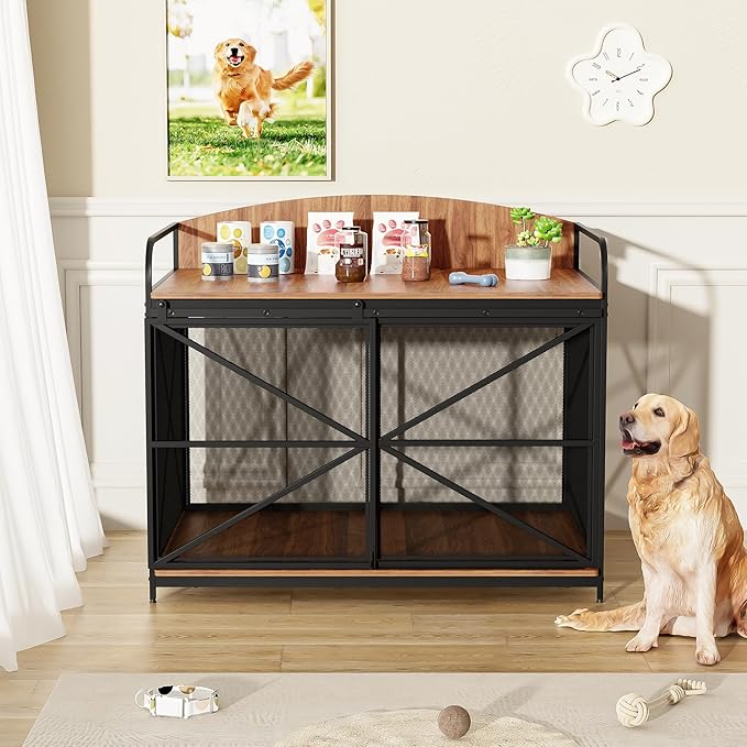 Merax 42.8" Heavy Duty Large Dog Crate Furniture for Large Medium Dog, Farmhouse Wooden Dog Kennel Indoor End Table, Decorative Pet House for Dogs, Brown