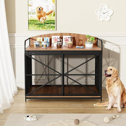 Merax 42.8" Heavy Duty Large Dog Crate Furniture for Large Medium Dog, Farmhouse Wooden Dog Kennel Indoor End Table, Decorative Pet House for Dogs, Brown