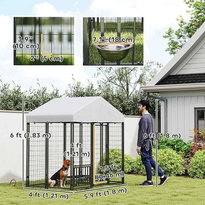 PawHut 5.9' x 4' x 6' Outdoor Dog Kennel, Welded Wire Heavy Duty Dog Run with 360° Rotating & 4 Level Adjustable Bowls, Dog Kennel Outside with Waterproof & UV Resistant Cover, for S&M Dogs