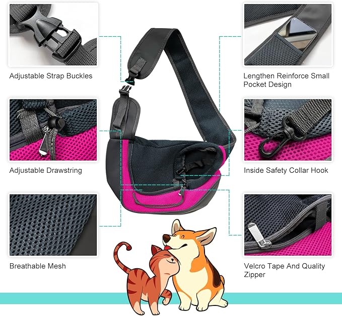 Pet Dog Sling Carrier, Breathable Mesh Adjustable Puppy Sling Carrier Hand Free for Small Dog Cat, M, Rose