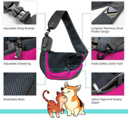 Pet Dog Sling Carrier, Breathable Mesh Adjustable Puppy Sling Carrier Hand Free for Small Dog Cat, M, Rose
