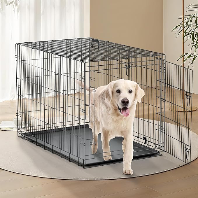 MoNiBloom 24/30/36/42/48 Dog Crates, Foldable Metal Wire Dog Cage with Double-Door, Outdoor Indoor Pet Kennels, Includes Leak-Proof Pan, Divider Panel, Black, 48"