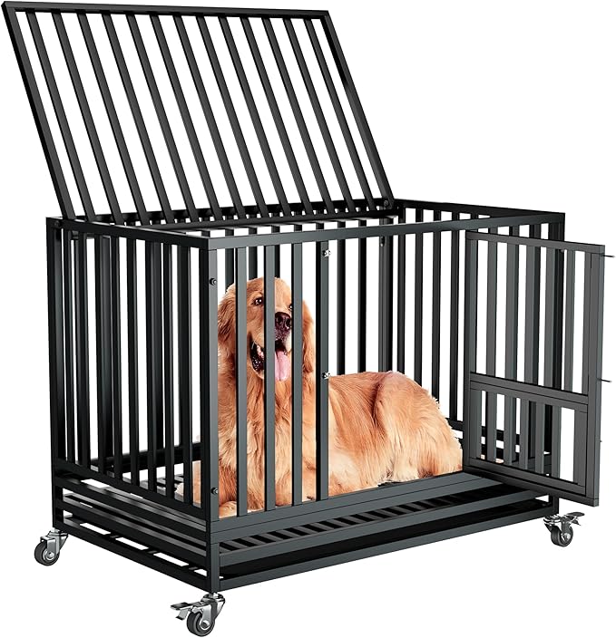 47" Heavy Duty Dog Crate,Indestructible Large Dog Cage,Escape Proof Dog Crate Dog Kennel,Two-Door Design with Wheels and Dog Crate Tray,Suitable for High Anxiety,Black