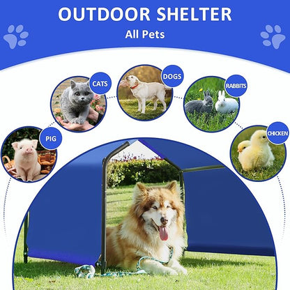 Dog Shade Shelter Outdoor Tent for Large Medium Dogs, 4'x4'x3' Outside Sun Rain Canopy Pet House for Cats Pigs Livestock with Waterproof Roof Ground Nails，Blue