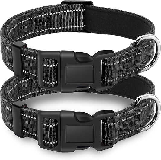2 Pack Reflective Dog Collar with Safety Locking Buckle, Adjustable Soft Breathable Comfortable Nylon Pet Collar for Small, Medium and Large Dogs, Black, S