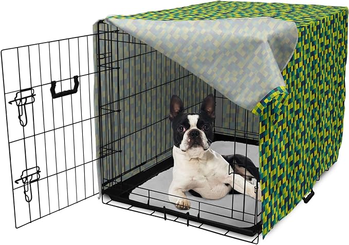 Lunarable Yellow and Blue Dog Crate Cover, Vivid Colored Squares Funky Simple Retro Style Grid Tile, Easy to Use Pet Kennel Cover for Small Dogs Puppies Kittens, 22 Inch, Petrol Blue Lime Green