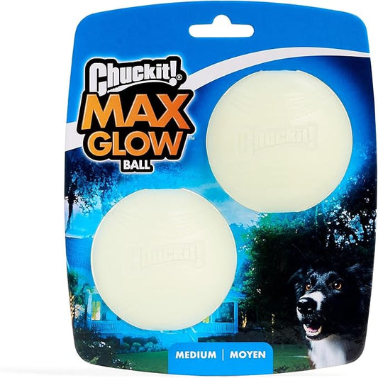 Chuckit! Max Glow Ball Dog Toy - Glows in the Dark - Made from Durable Rubber - Size Medium - For Dogs 20-60 lbs - 2.5-inch Diameter - Pack of 2