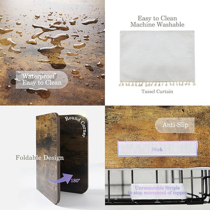 Dog Crate Topper Wood for 24 30 36 42 48 inch Cages, Table Foldable Dog Kennel Topper with Tassel Curtain, Rustic Style Top Rustic Brown(Dog Crate Not Include)