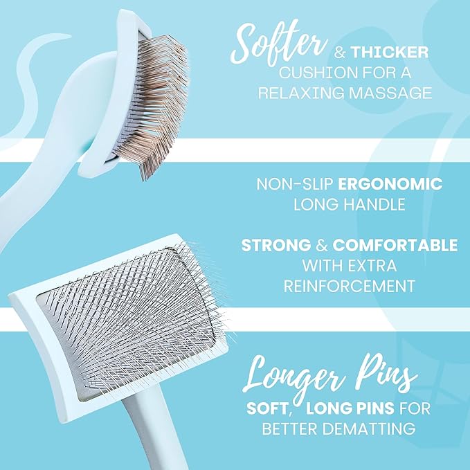 Pet Slicker Brush With Soft Massage Grooming Stainless Steel Pins - For Dematting, Shedding Fur, and Undercoat - Ideal Gift for Professional Pet Groomers - Long Slicker Brush - Flying Pawfect