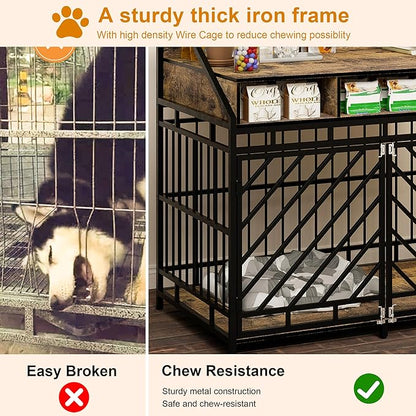 KEIKI 43" Large Dog Crate End Table, Wooden Heavy Duty Crate with Divider, Rustic Brown Indoor Furniture for Large Dogs (43.3" L x 27.6" W x 42.5" H)