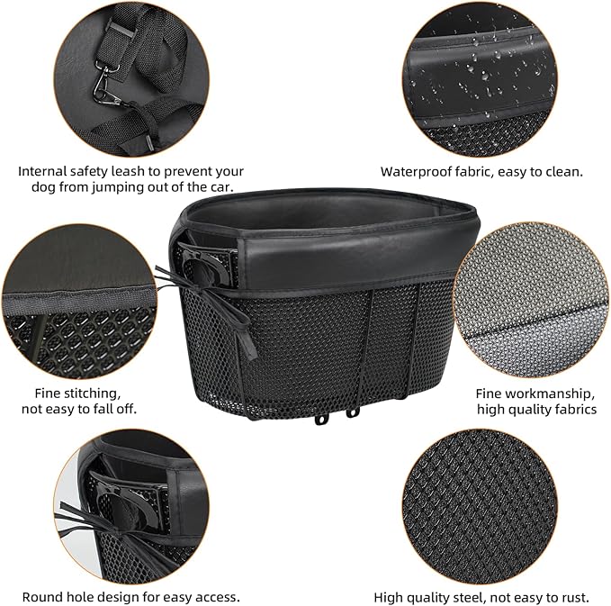 Dog Bike Basket,Soft-Sided Pet Bicycle Carrier Wiith Safety Strap,Pet Travel Bag,Quick Detachable Breathable Bicycle Basket Bag,Ride Bicycle Basket for Dogs and Cats Up to 16lbs, Black1