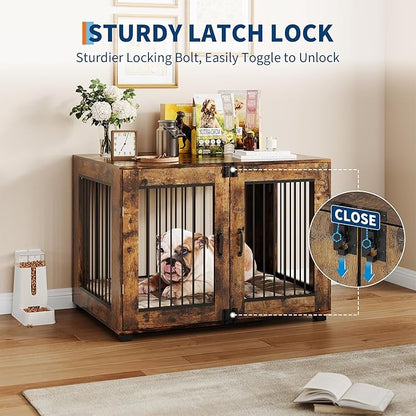 42.1" Dog Crate Furniture, Wooden Kennel with Locking Double Doors, Chew-Resistant Indoor Pet Cage End Table for Large Breeds, Brown