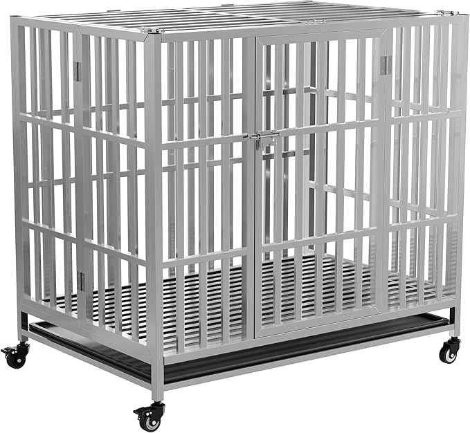 37" 42" 48" Heavy Duty Dog cage Stainless Steel Metal Kennel and Crate, Collapsible for Medium to Large Dogs, Easy to Assemble pet Pen with Four Lockable Wheels, Black Tray (37in)