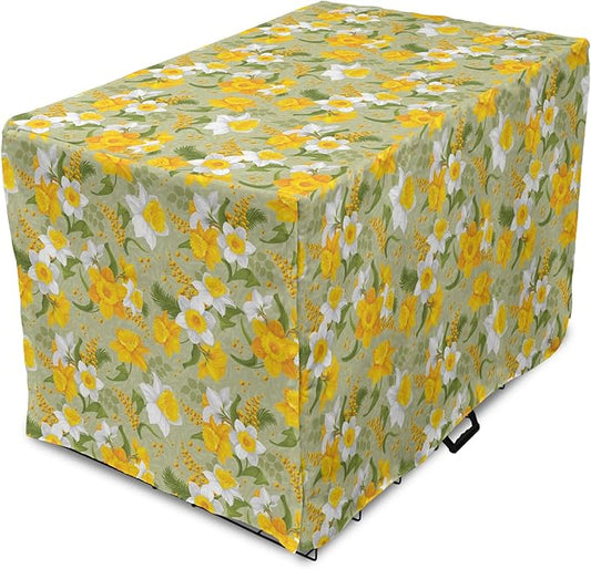 Lunarable Daffodil Dog Crate Cover, Vintage Inspirations Floral Arrangement Pattern Romantic Bouquet Nature, Easy to Use Pet Kennel Cover for Medium Large Dogs, 36 Inch, Green Marigold White