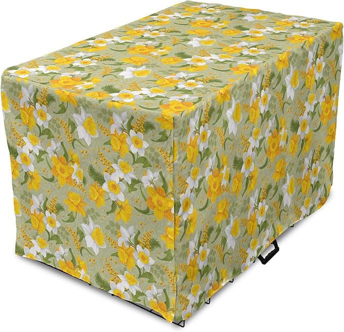 Lunarable Daffodil Dog Crate Cover, Vintage Inspirations Floral Arrangement Pattern Romantic Bouquet Nature, Easy to Use Pet Kennel Cover for Small Dogs Puppies Kittens, 18 Inch, Green Marigold White