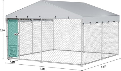 YITAHOME 10'x10' Large Outdoor Dog Kennel with Rotating Feeder Bowls, Outdoor Dog Enclosure with Roof, Heavy Duty Dog Cage for Large Dogs