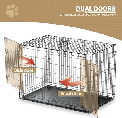 MoNiBloom 24/30/36/42/48 Dog Crates, Foldable Metal Wire Dog Cage with Double-Door, Outdoor Indoor Pet Kennels, Includes Leak-Proof Pan, Divider Panel, Black, 48"