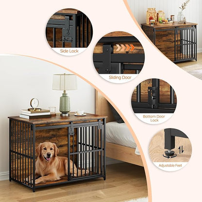 HOOBRO Dog Crate Furniture, 36.6" Heavy Duty Dog Kennel with Sliding Barn Door, Wooden Dog Cage Indoor, Decorative Side End Table for Small/Medium Dogs, Rustic Brown and Black FG162GW03G1