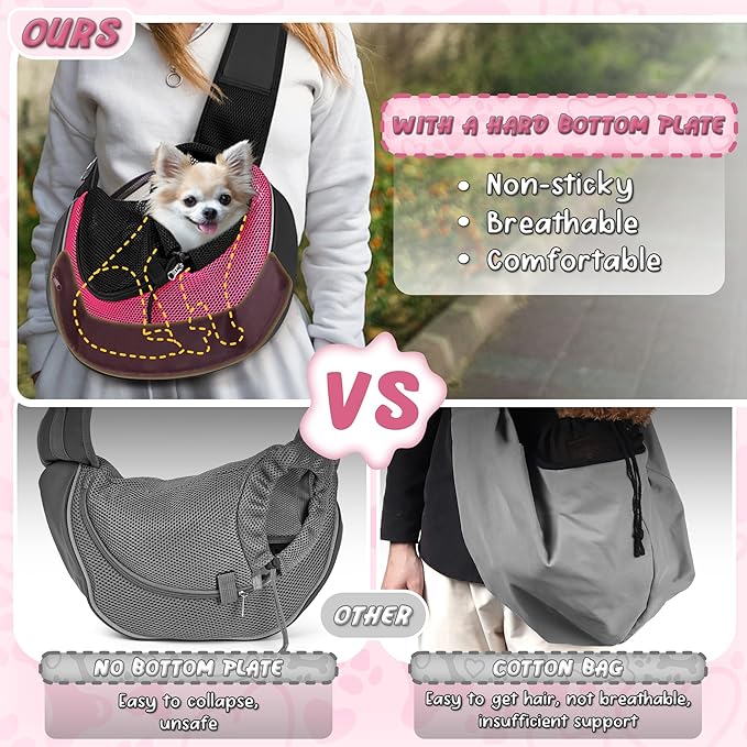 WOYYHO Dog Sling Carrier - Adjustable Strap,Hard Bottom,Large Zip Pocket,Breathable Mesh - Suitable for Puppies Outdoor Travel (Pink M)