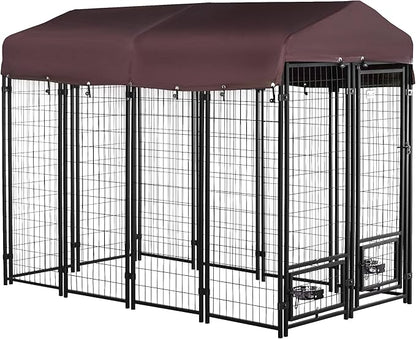 PawHut 8' x 4' x 6' Outdoor Dog Kennel with Rotating Bowl Holders, Walk-in Pet Playpen, Welded Wire Steel with Water and UV-Resistant Canopy, Red
