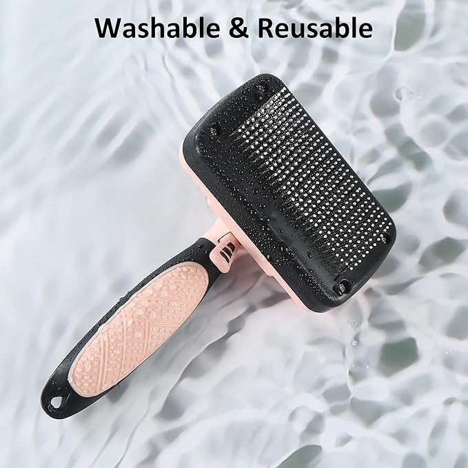 Dog & Cat Hair Brush,Self Cleaning Slicker Brush for Long Short Hair,Shedding & Grooming Pet Brush with Soft Bristle and Release Button,Pink