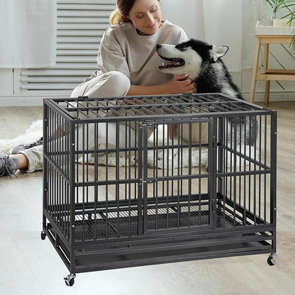 48 inch Heavy Duty Dog Crate, Indestructible Dog Crates for Large Dogs, Cage Kennel with Wheels&Brakes, Sturdy Locks Design, Double Door and Removable Tray, for Medium & Large Pets