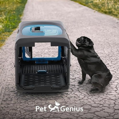 Pet Genius Collapsible Pet Crate, Ultra-Lightweight Portable Kennel with Dual Hinge Door, Folds to 5 Inches, Weighs 4.5lbs, Multiple Vents and Windows for Home and On The Go, 19x12x12.5, Blue